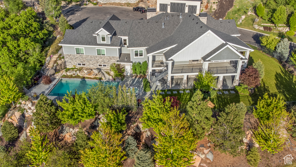 View from above of property featuring a pool