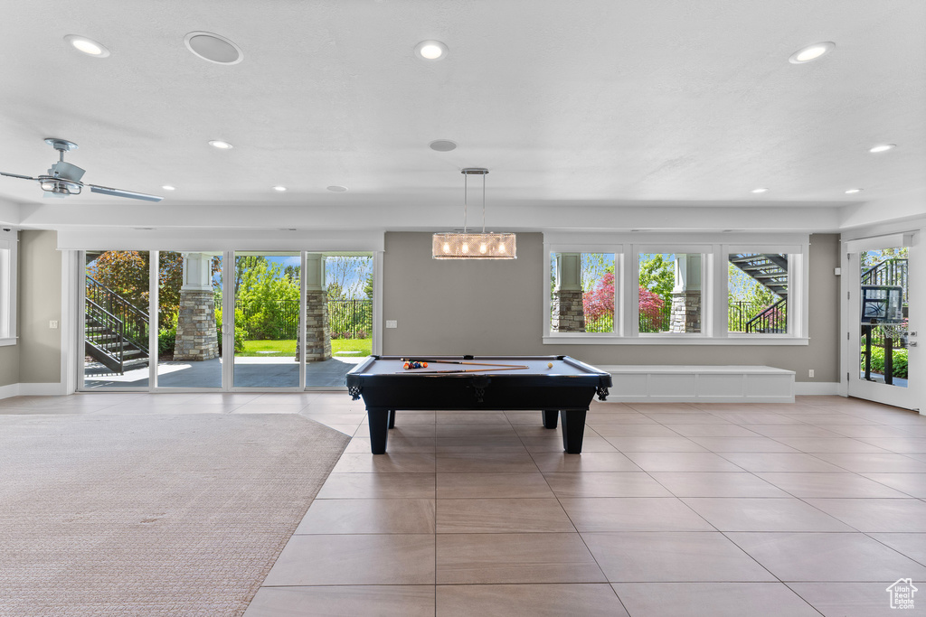 Playroom with recessed lighting, billiards, light tile patterned flooring, and baseboards