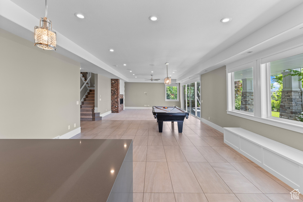 Playroom featuring recessed lighting, billiards, light tile patterned flooring, baseboards, and a ceiling fan
