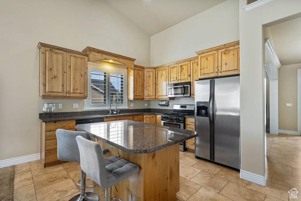 Kitchen featuring stainless steel appliances, high vaulted ceiling, a sink, a kitchen island, and baseboards