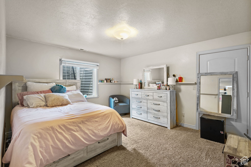 Carpeted bedroom with a textured ceiling