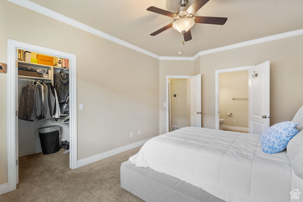 Bedroom featuring crown molding, a spacious closet, carpet, baseboards, and ensuite bath