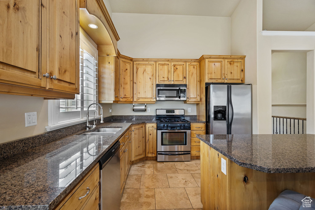 Kitchen with stainless steel appliances, a sink, dark stone countertops, and ornamental molding