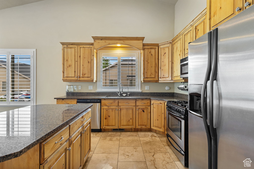 Kitchen with stainless steel appliances, a sink, high vaulted ceiling, and dark stone countertops