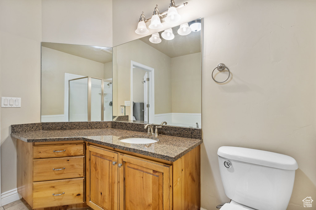 Bathroom featuring a shower stall, vanity, and toilet