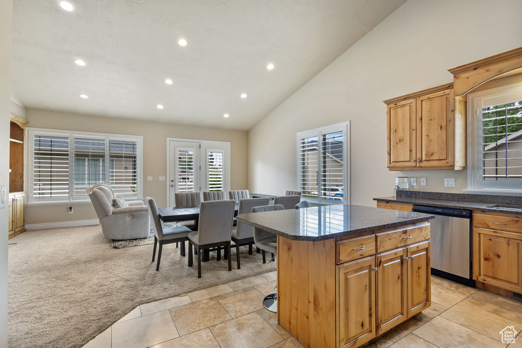 Kitchen featuring stainless steel dishwasher, recessed lighting, light carpet, a center island, and healthy amount of natural light