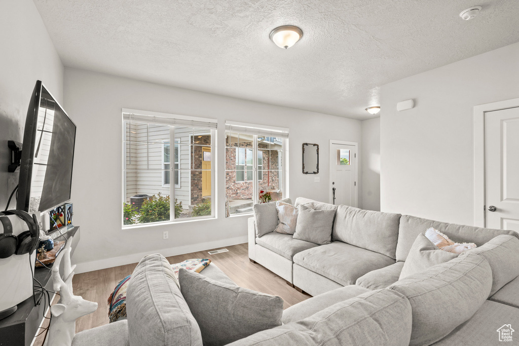 Living room featuring wood finished floors, baseboards, and a textured ceiling