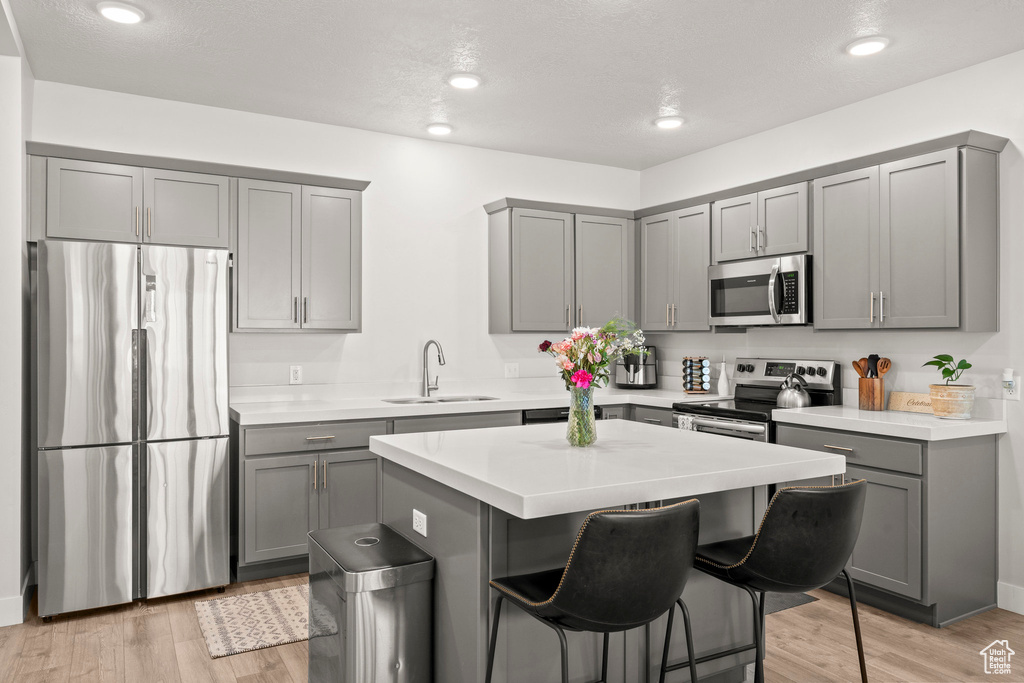 Kitchen with stainless steel appliances, gray cabinets, a sink, a kitchen island, and a kitchen bar