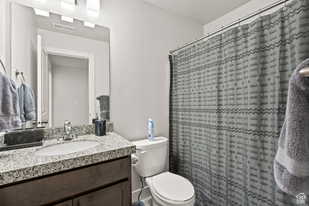 Bathroom with toilet, vanity, and a shower with shower curtain