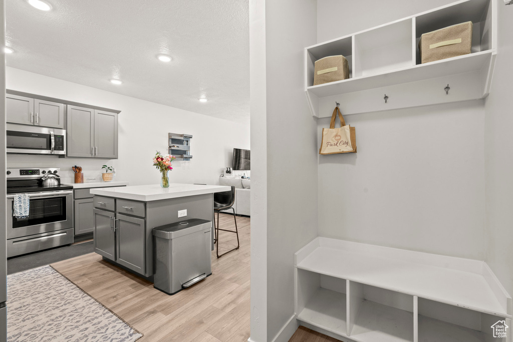 Kitchen featuring appliances with stainless steel finishes, gray cabinetry, recessed lighting, light wood finished floors, and a kitchen bar