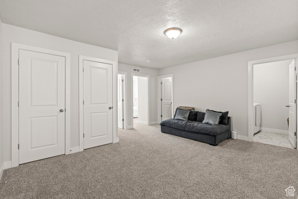 Living area with a textured ceiling, baseboards, and carpet