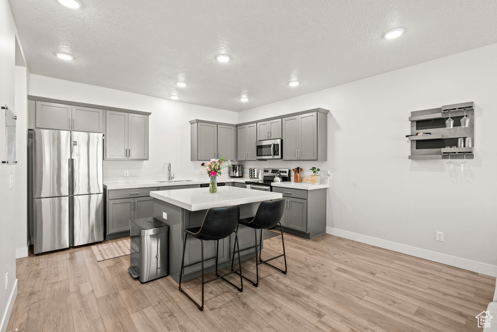 Kitchen with stainless steel appliances, gray cabinetry, a sink, light wood-style flooring, and a textured ceiling