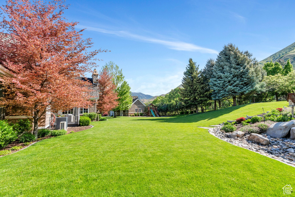 View of green lawn with a playground and a mountain view