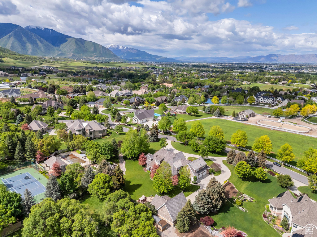 Aerial perspective of suburban area with mountains