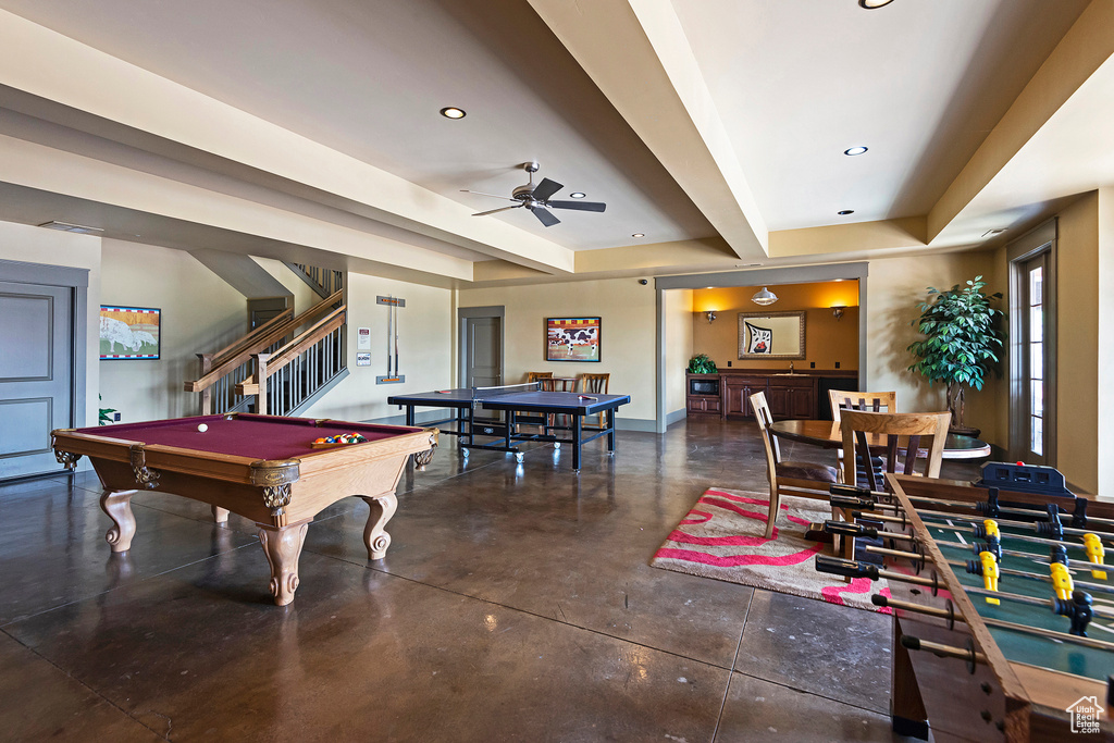 Recreation room featuring finished concrete floors, billiards table, ceiling fan, recessed lighting, and baseboards