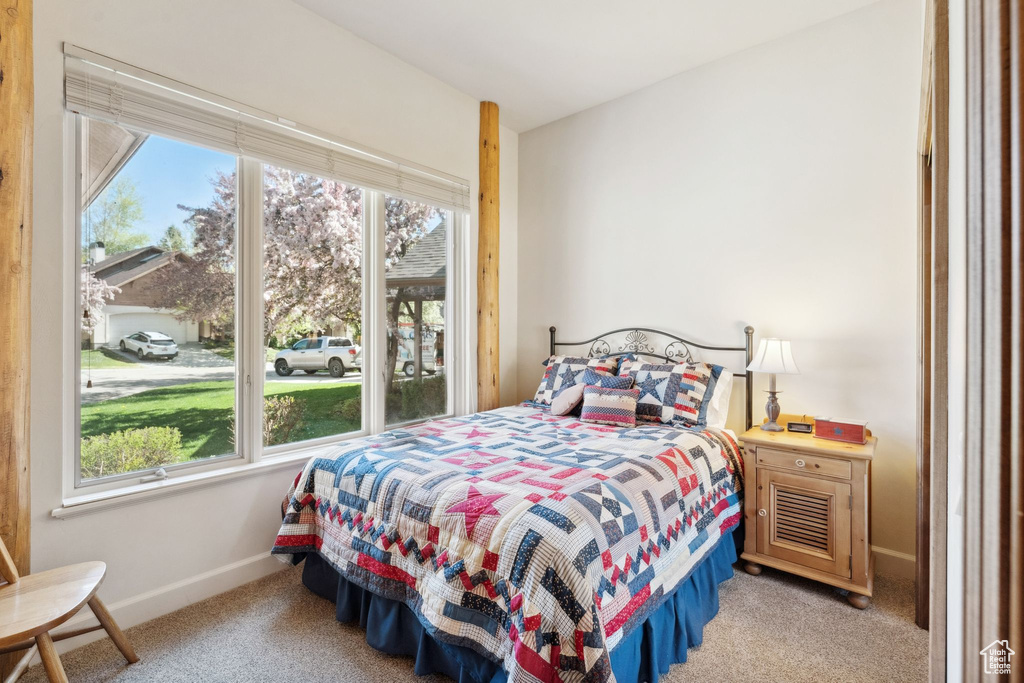 Bedroom featuring carpet flooring, multiple windows, and baseboards