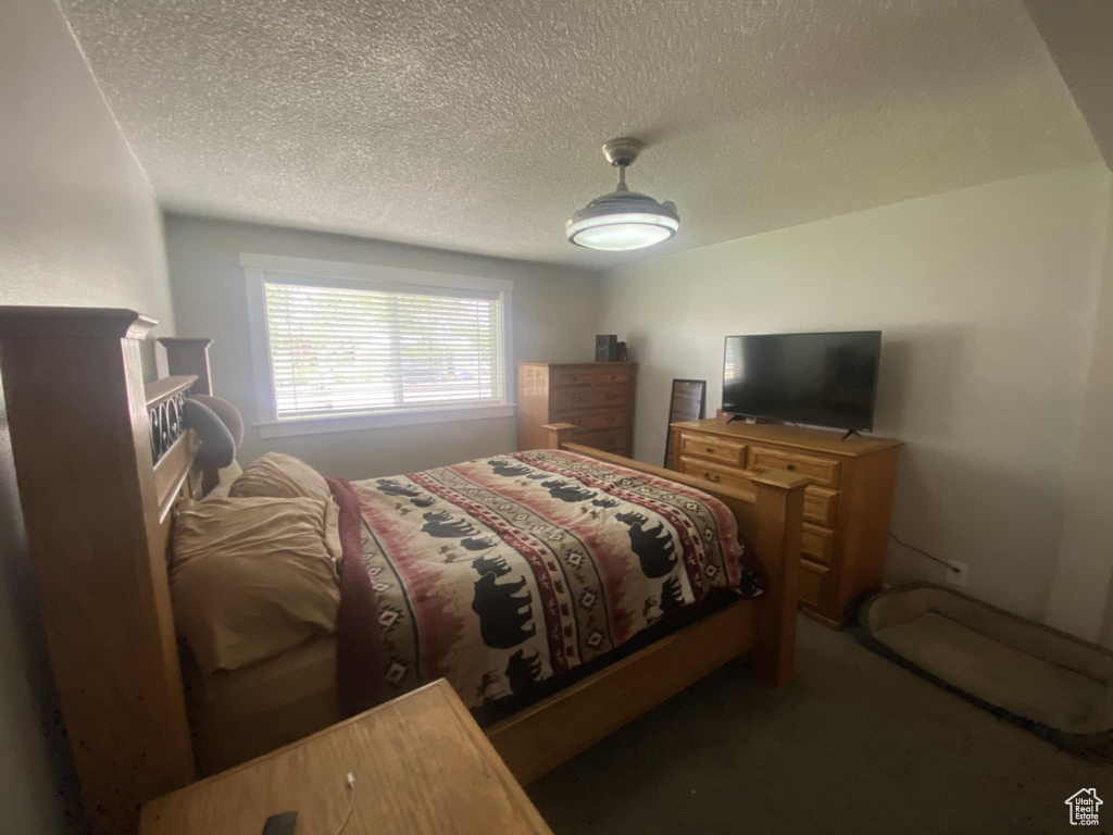 Carpeted bedroom with a textured ceiling