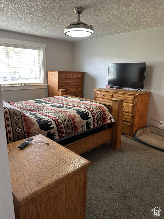 Carpeted bedroom featuring a textured ceiling