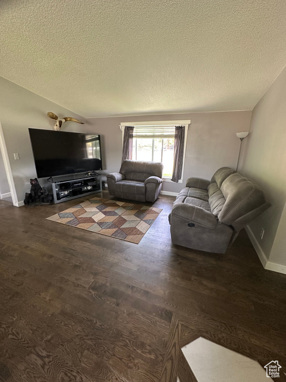 Living room featuring a textured ceiling, wood finished floors, and baseboards