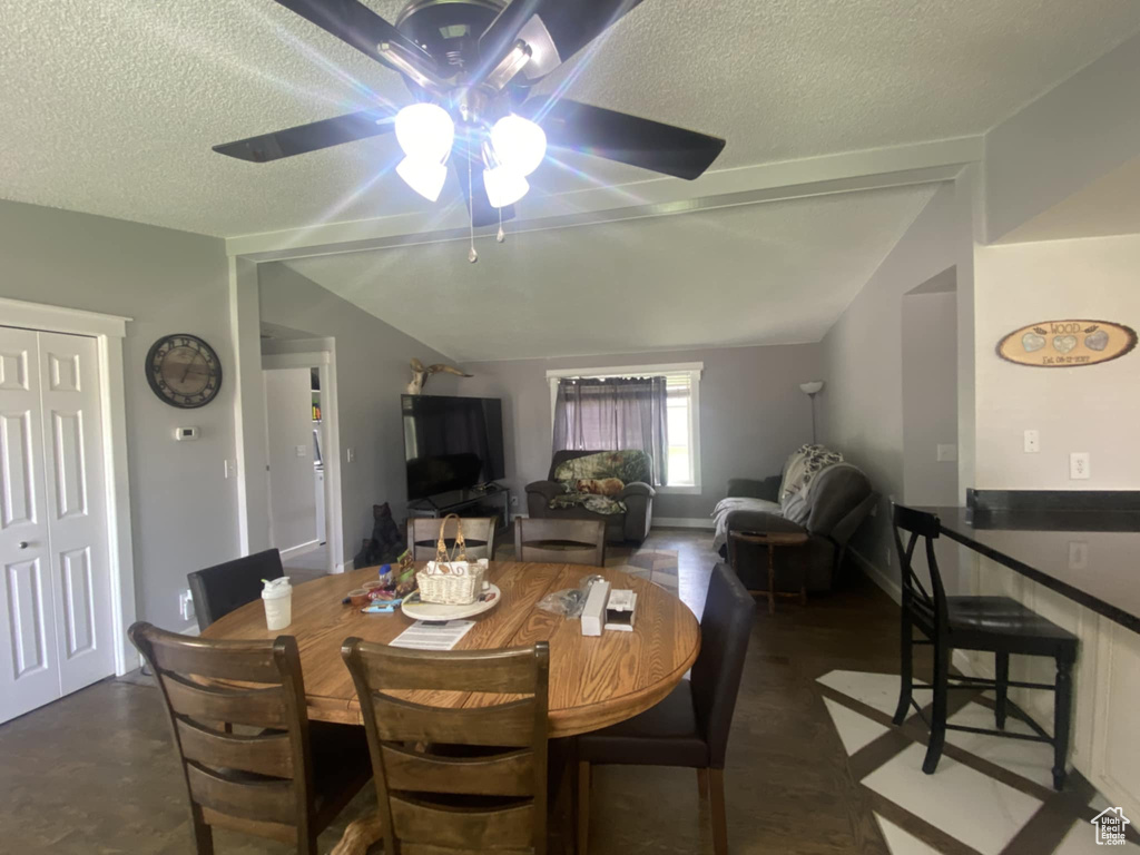 Dining area with a ceiling fan, vaulted ceiling, and a textured ceiling