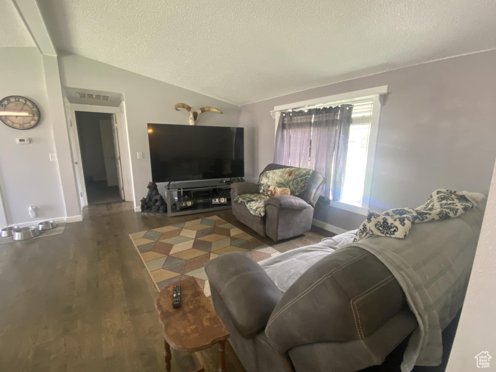 Living room with vaulted ceiling, a textured ceiling, wood finished floors, and baseboards