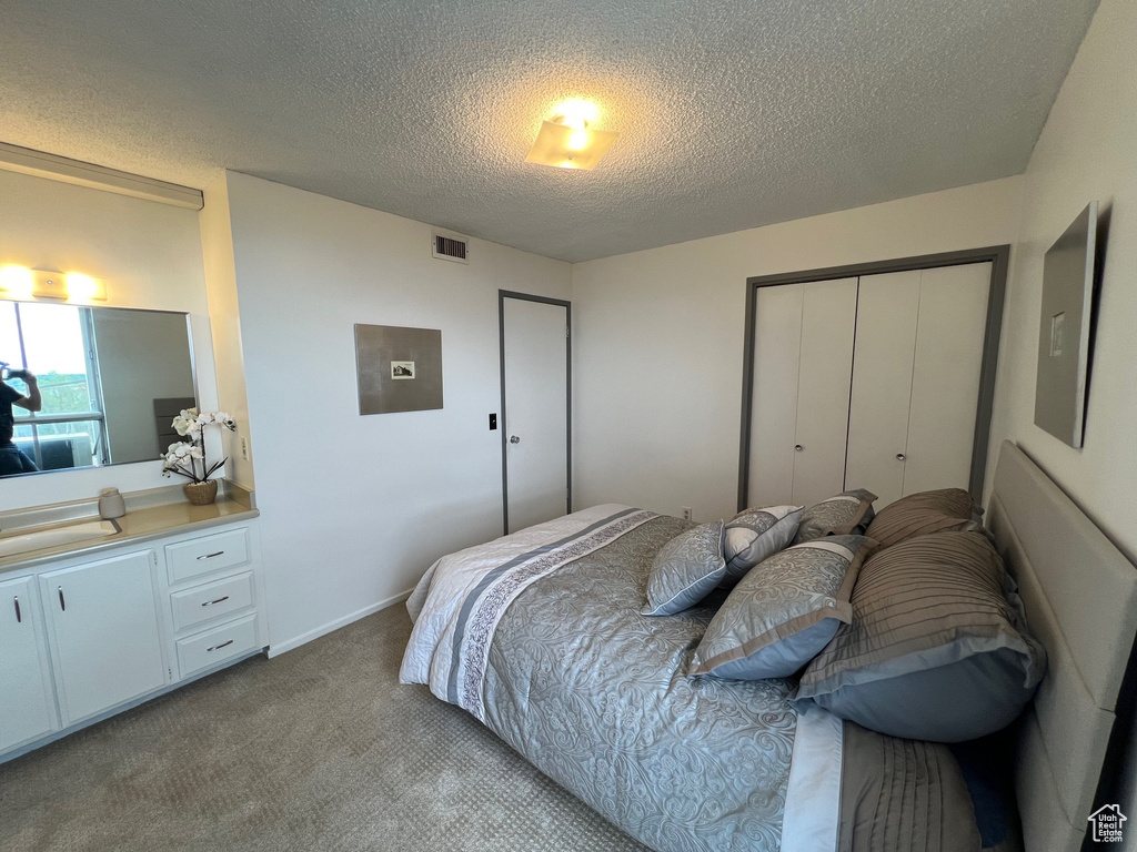 Bedroom with light colored carpet, a closet, a textured ceiling, and electric panel