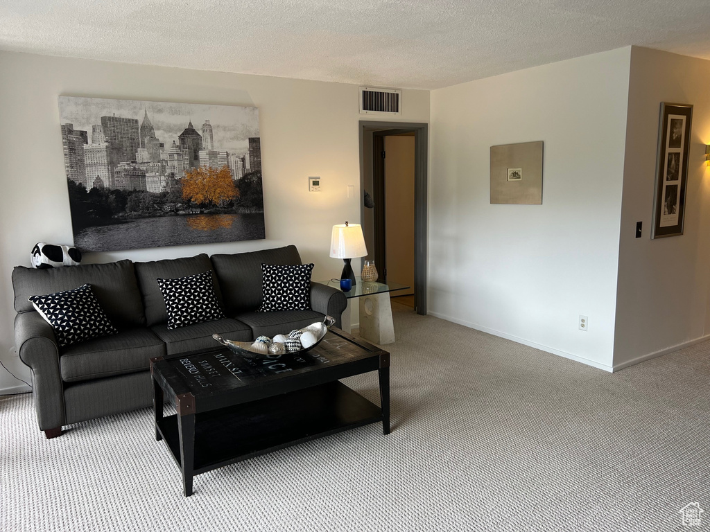 Carpeted living area with a textured ceiling and baseboards