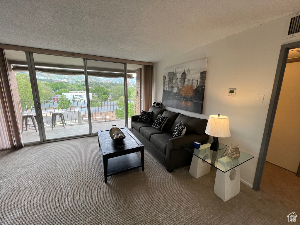 Carpeted living area featuring floor to ceiling windows and a textured ceiling
