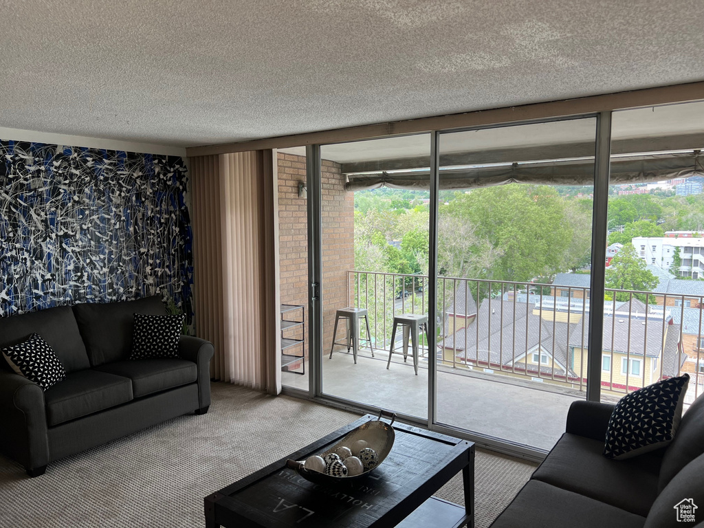 Carpeted living area featuring a textured ceiling