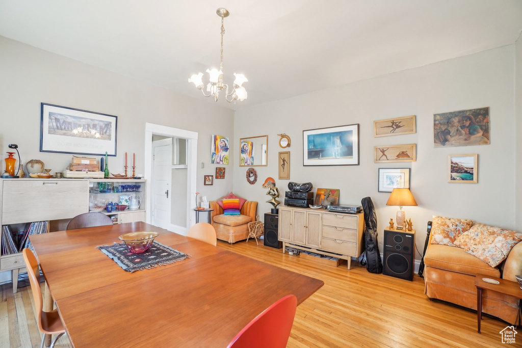 Dining area featuring a chandelier and light wood-style floors