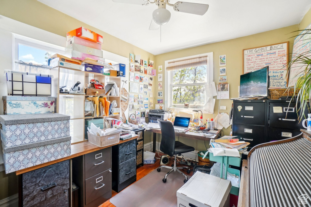Office area with healthy amount of natural light, ceiling fan, and wood finished floors