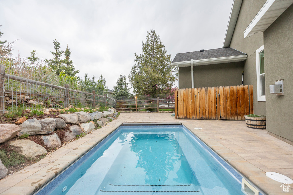 View of swimming pool featuring a fenced backyard and a patio