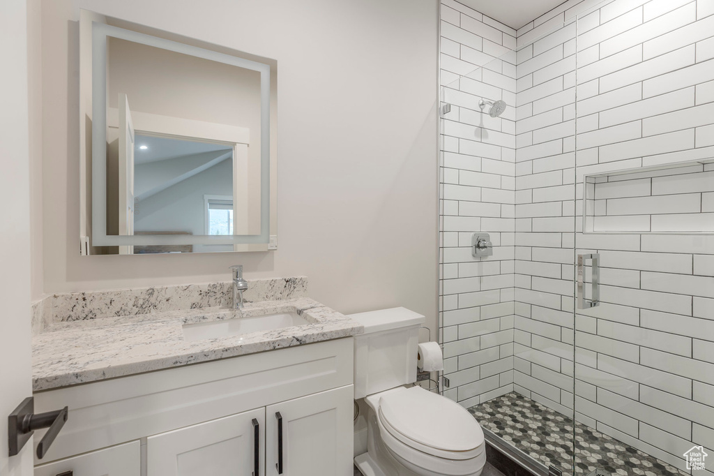 Full bathroom featuring a shower stall, vanity, and toilet