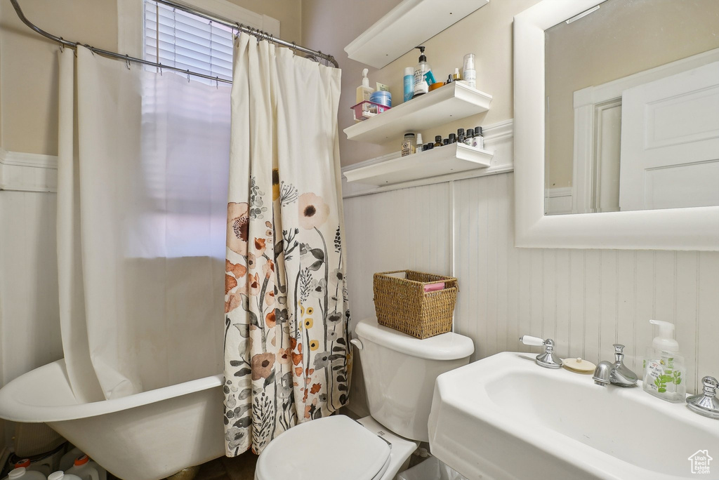 Full bath featuring a sink, toilet, and a decorative wall