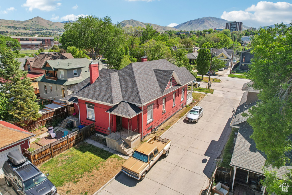 Aerial view of residential area with mountains
