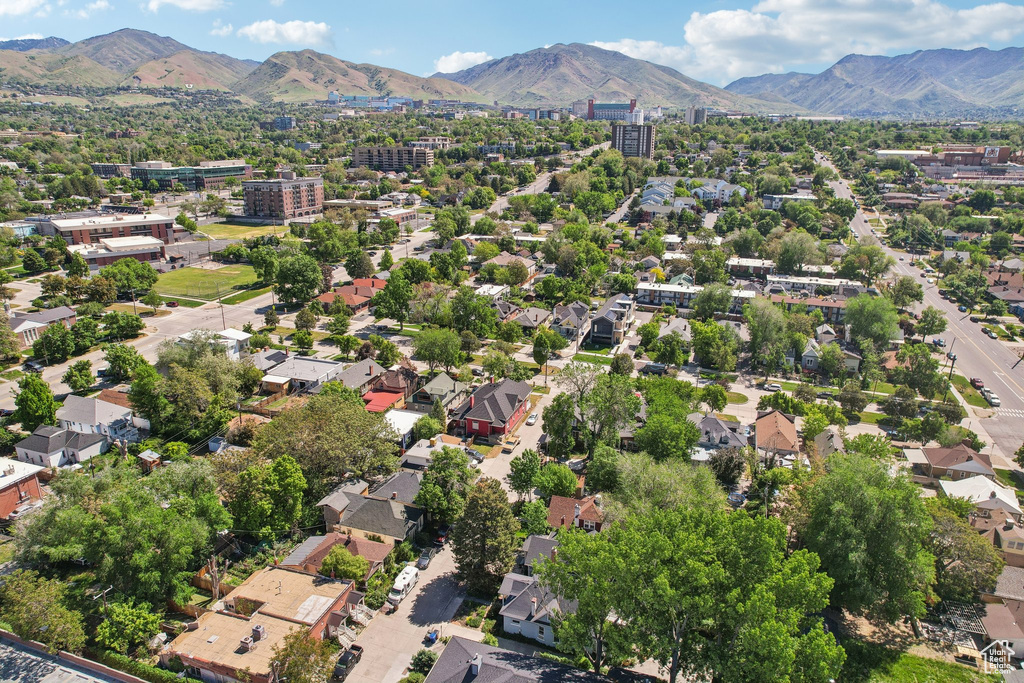 Bird's eye view of a mountainous background