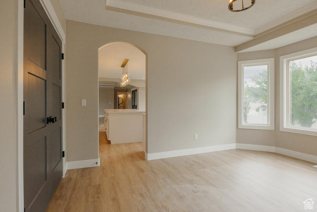 Unfurnished room with light wood-style flooring, baseboards, and arched walkways
