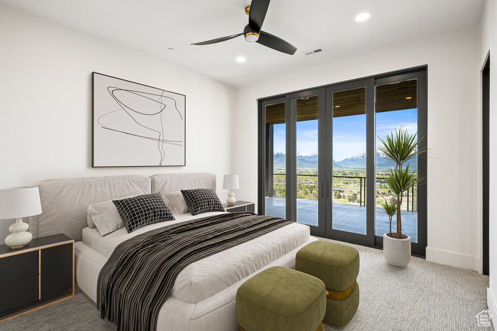 Carpeted bedroom featuring access to exterior, recessed lighting, a mountain view, and ceiling fan