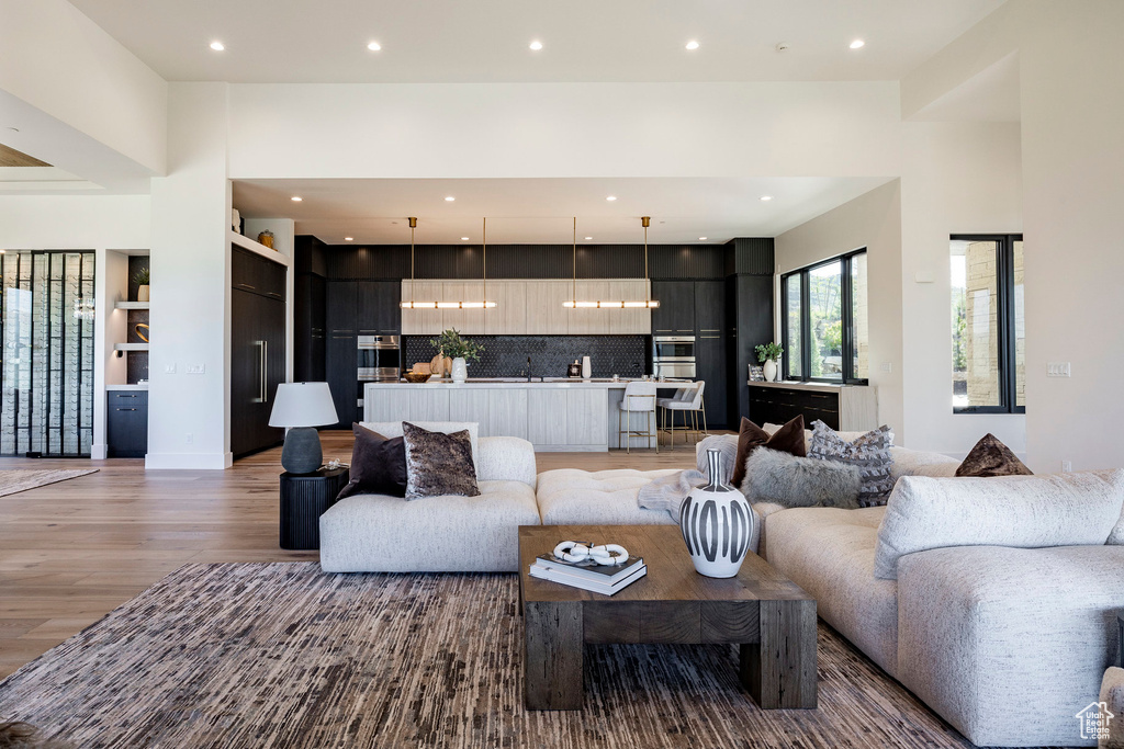 Living area featuring recessed lighting and light wood-type flooring