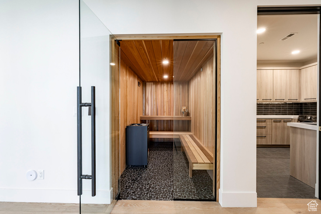 Sauna / steam room featuring wooden ceiling and recessed lighting
