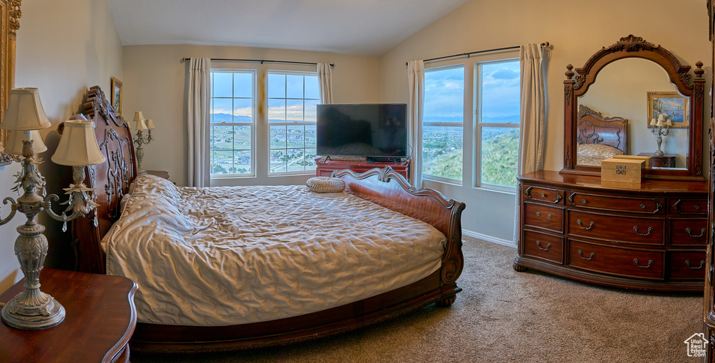 Carpeted bedroom featuring vaulted ceiling and baseboards
