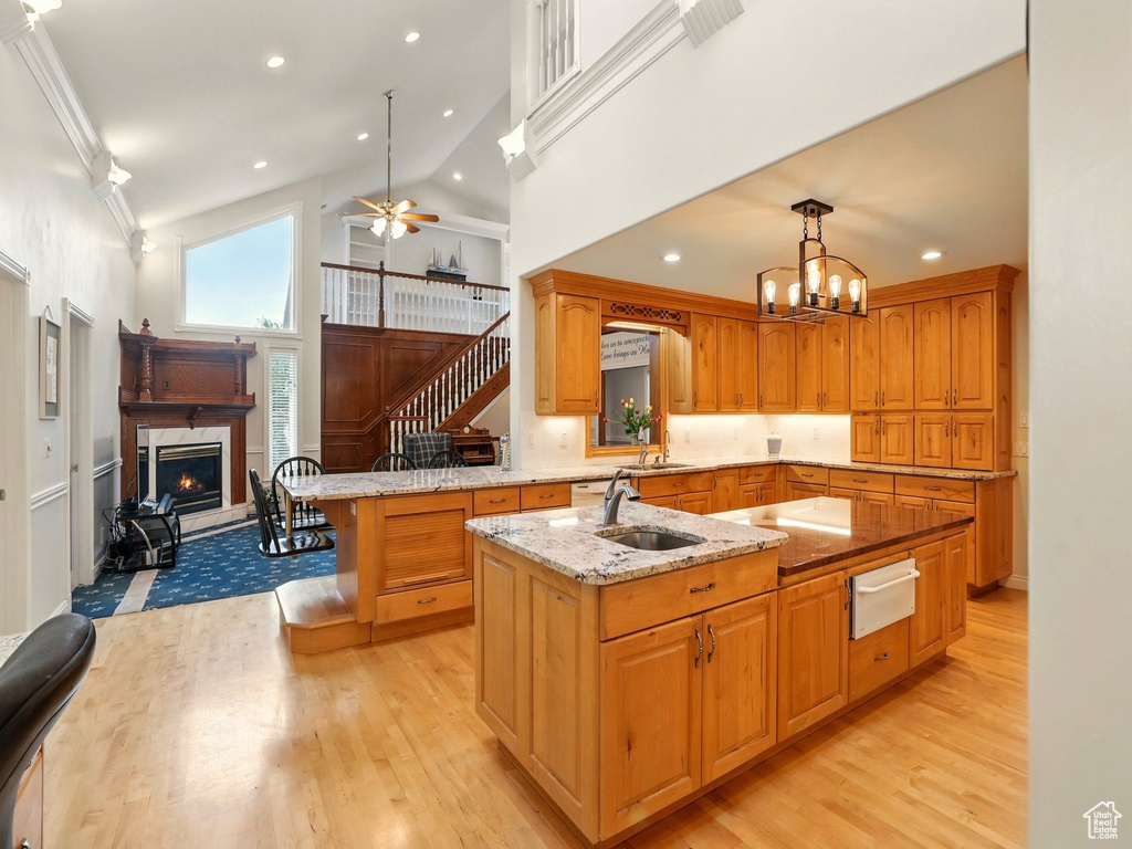 Kitchen with a warm lit fireplace, a warming drawer, a sink, light wood-type flooring, and high vaulted ceiling