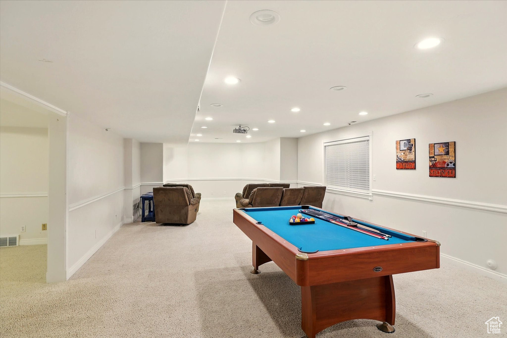 Game room with carpet floors, recessed lighting, baseboards, and billiards table