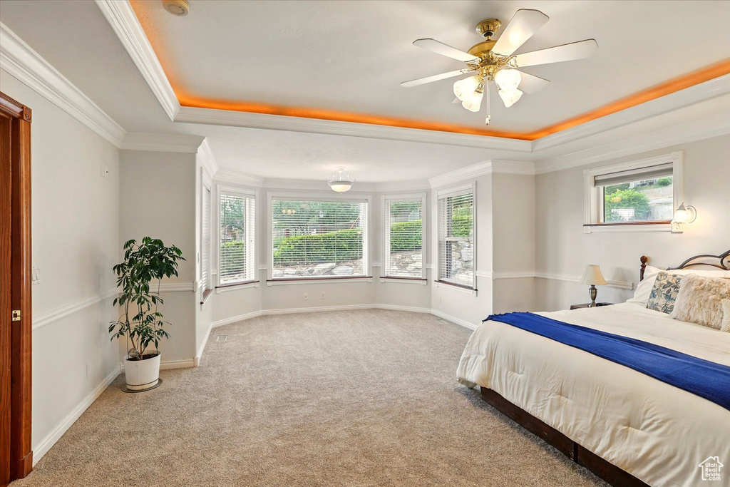 Bedroom with a tray ceiling, carpet, ornamental molding, baseboards, and a ceiling fan