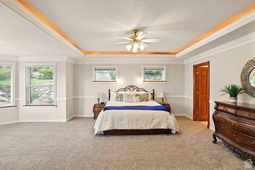 Bedroom featuring a tray ceiling, light colored carpet, crown molding, and multiple windows
