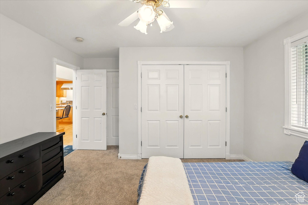Carpeted bedroom with multiple windows, a closet, a ceiling fan, and baseboards