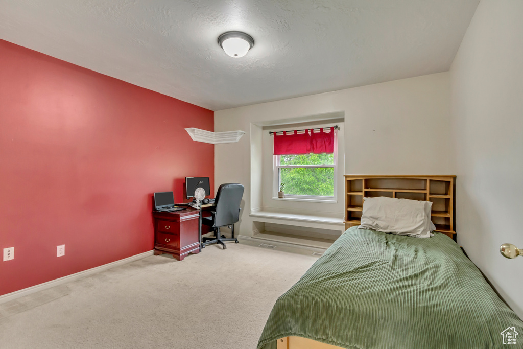 Carpeted bedroom with an office area and baseboards