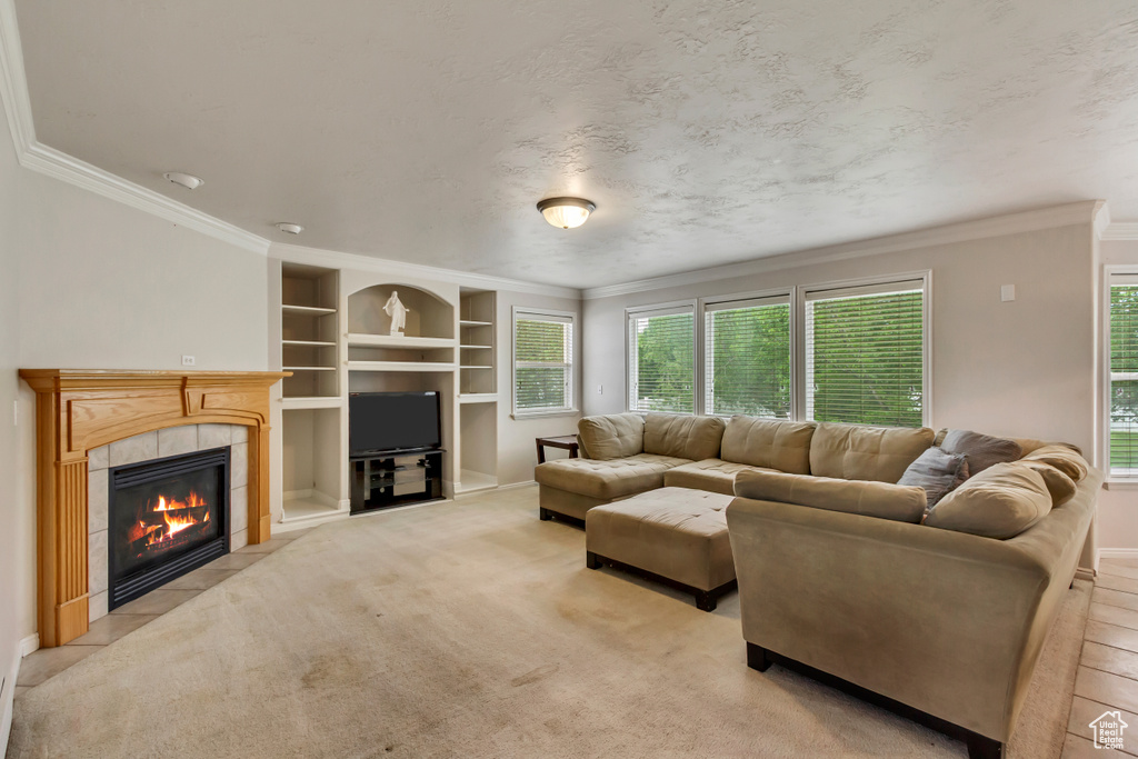 Living area featuring built in features, ornamental molding, a tile fireplace, and baseboards
