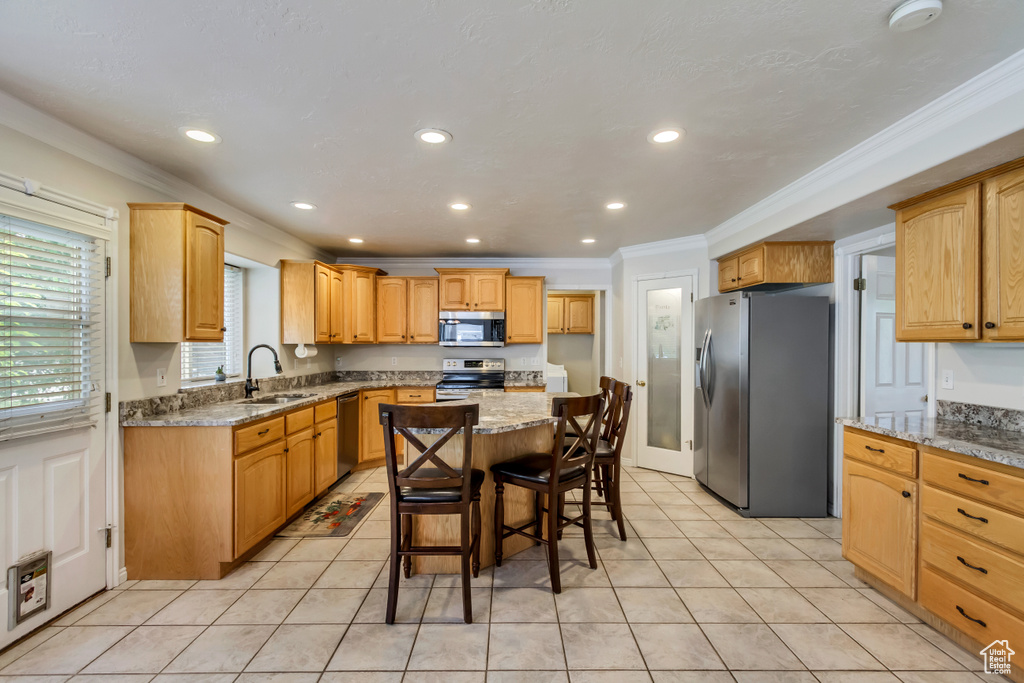 Kitchen with appliances with stainless steel finishes, a sink, crown molding, recessed lighting, and a kitchen island