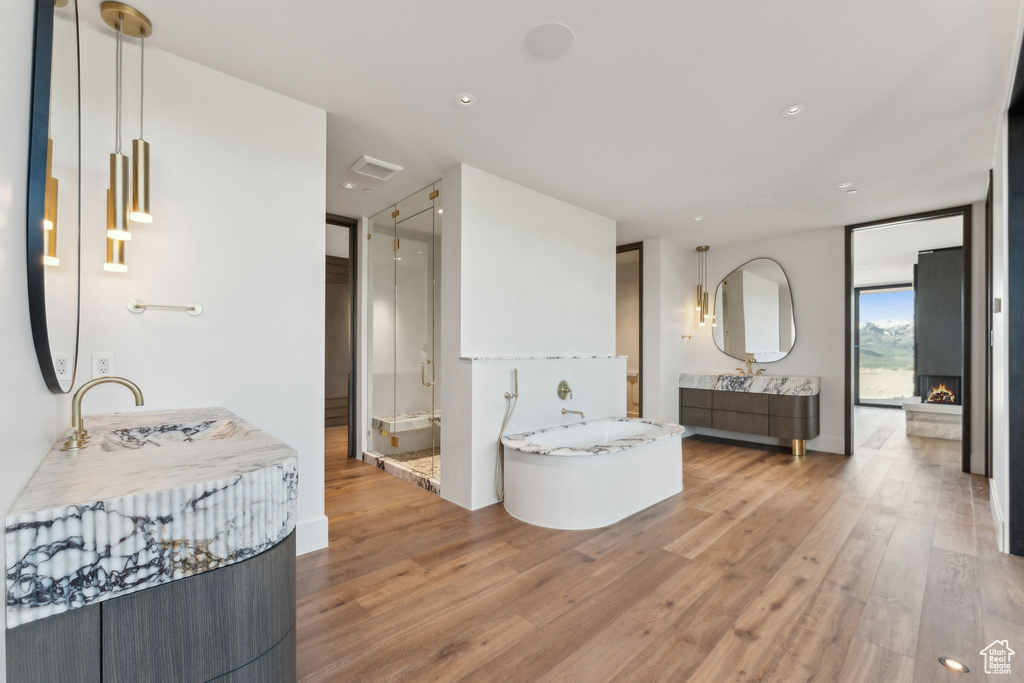 Bathroom featuring wood finished floors, a stall shower, a tub, expansive windows, and two vanities
